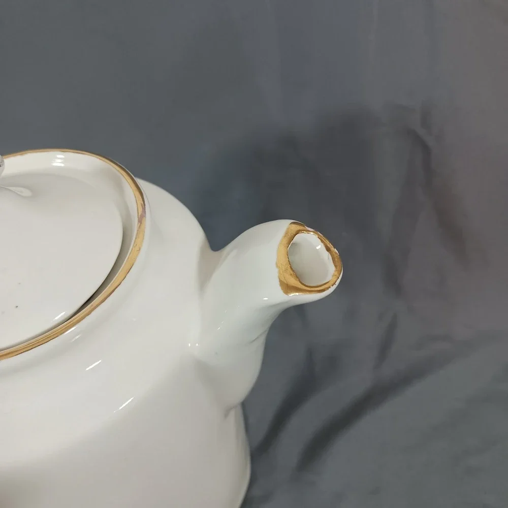 Vintage Floral Teapot Coffee Server White Good Gold Trim Wild Rose Cottagecore